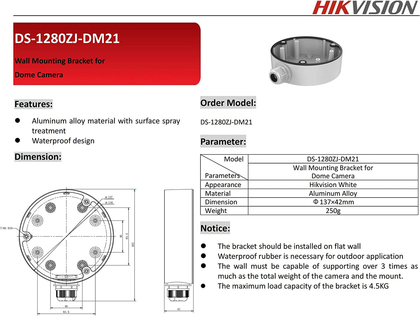Hikvision Junction Box for Dome Camera (White) - DS-1280ZJ-DM21
